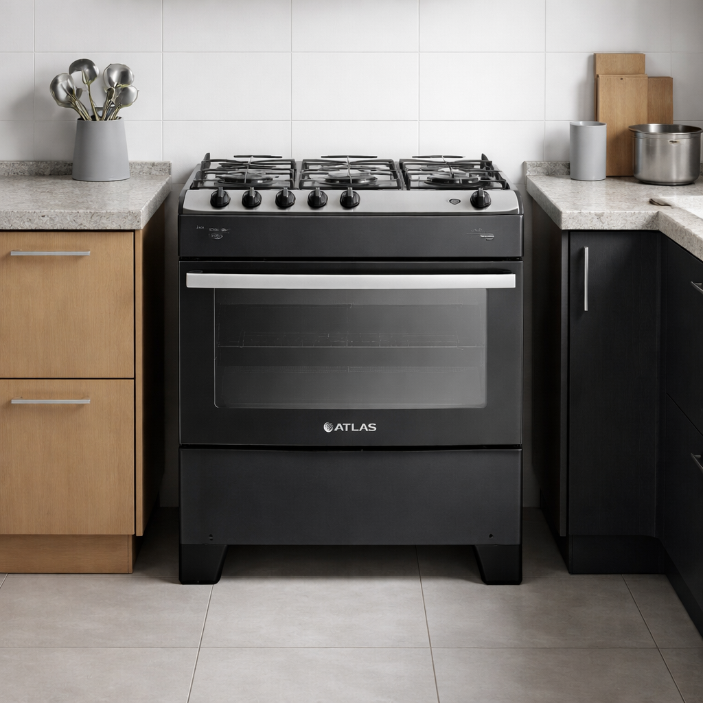 Fogão Atlas Atenas 5 bocas: o que muda no uso real da cozinha Fogão Atlas Atenas 5 bocas com mesa inox em cozinha residencial